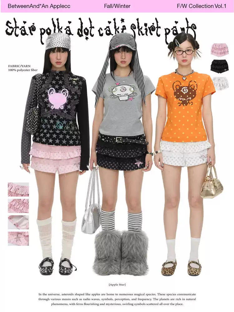 Multicolor star dot layered skirt short skort with ruffle design