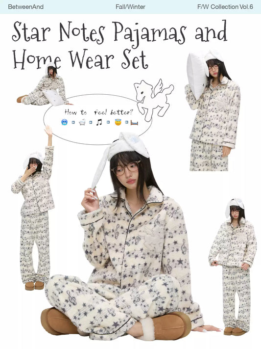 Beige star and music note fleece pajama set