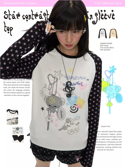 スリムフィットデザインのスターコントラストラグランスリーブロングスリーブトップス