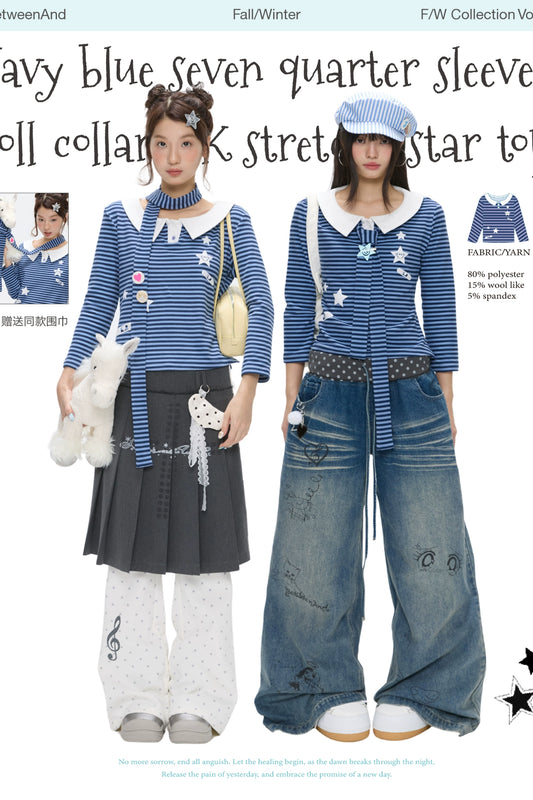 Navy star-pattern puff-sleeve top with peter pan collar