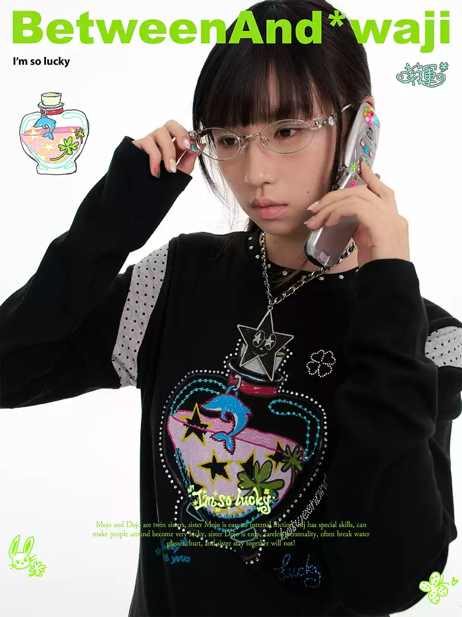 Black dolphin “lucky bottle” rhinestone patchwork long-sleeve tee