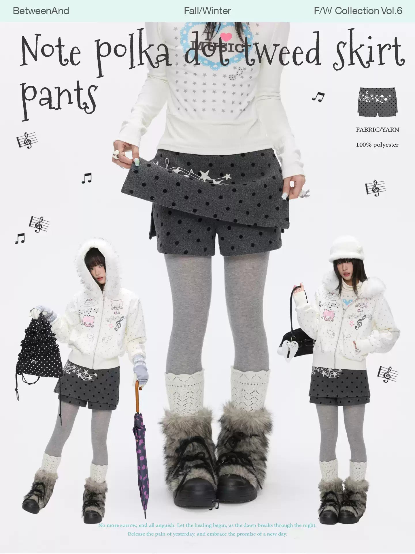 Grey wool skort with music-note polka-dot design