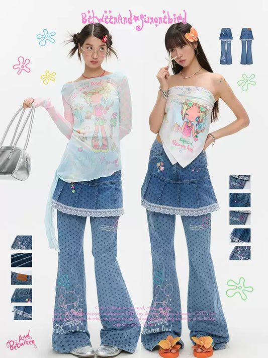 Denim star rhinestone flared skort with glitter two piece design