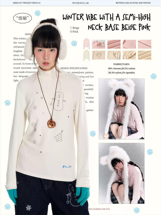 “Winter Creamy Soft” mock-neck fitted long-sleeve base top with rhinestone details