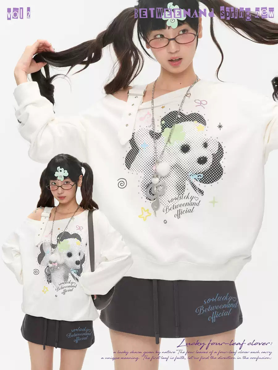 White clover dog off shoulder sweatshirt with adjustable strap design