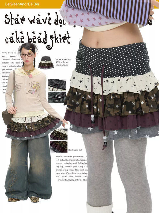 Star polka-dot patchwork ruffle skirt
