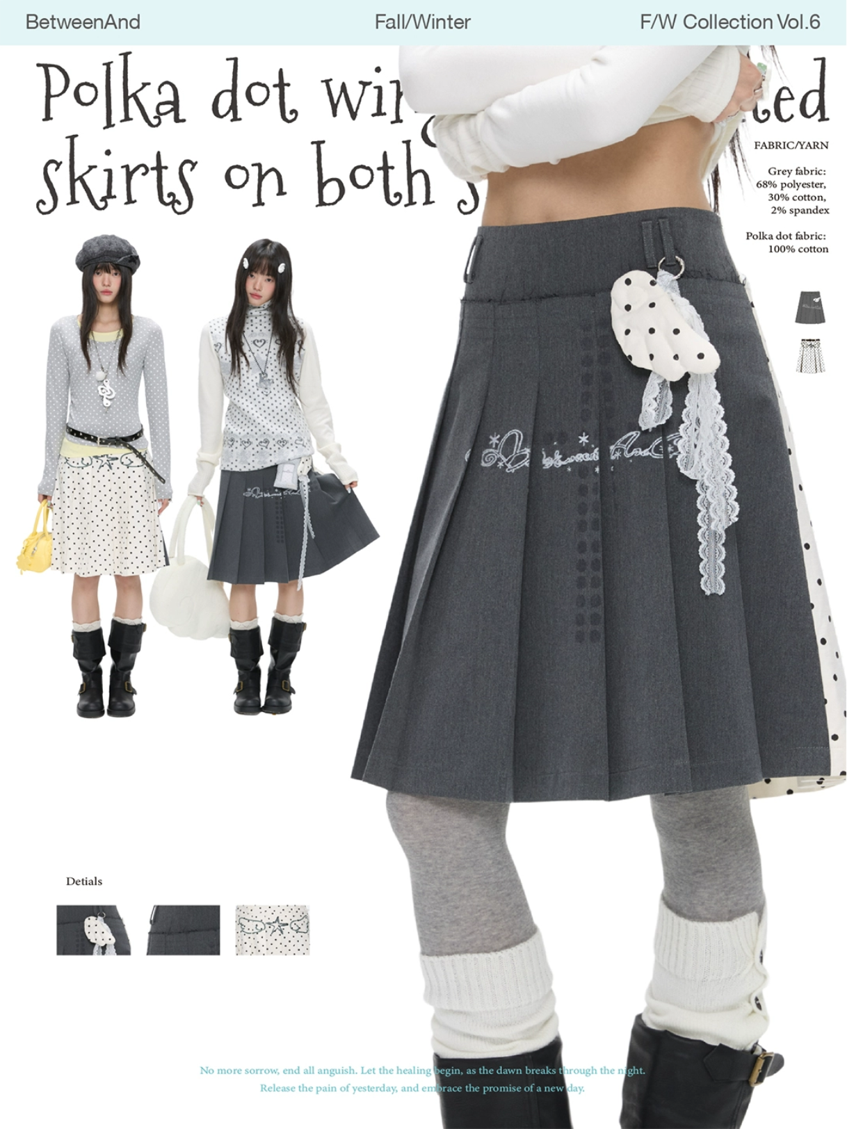 Grey and white reversible pleated skirt with polka-dot panels