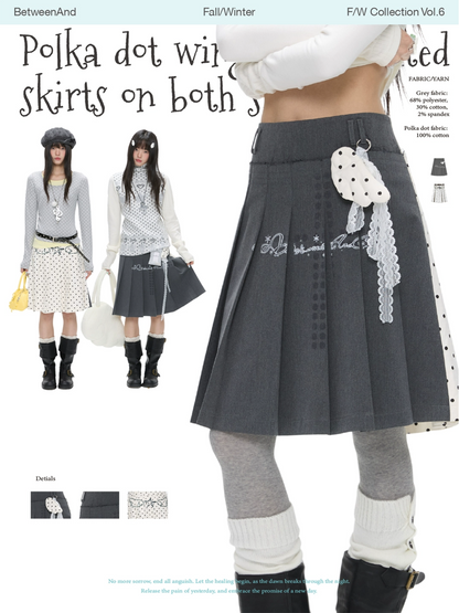 Grey and white reversible pleated skirt with polka-dot panels