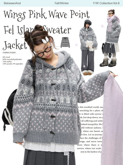 Beige Fair Isle knit cardigan with toggle buttons