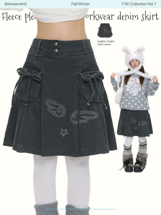 Fleece pleated washed denim skirt