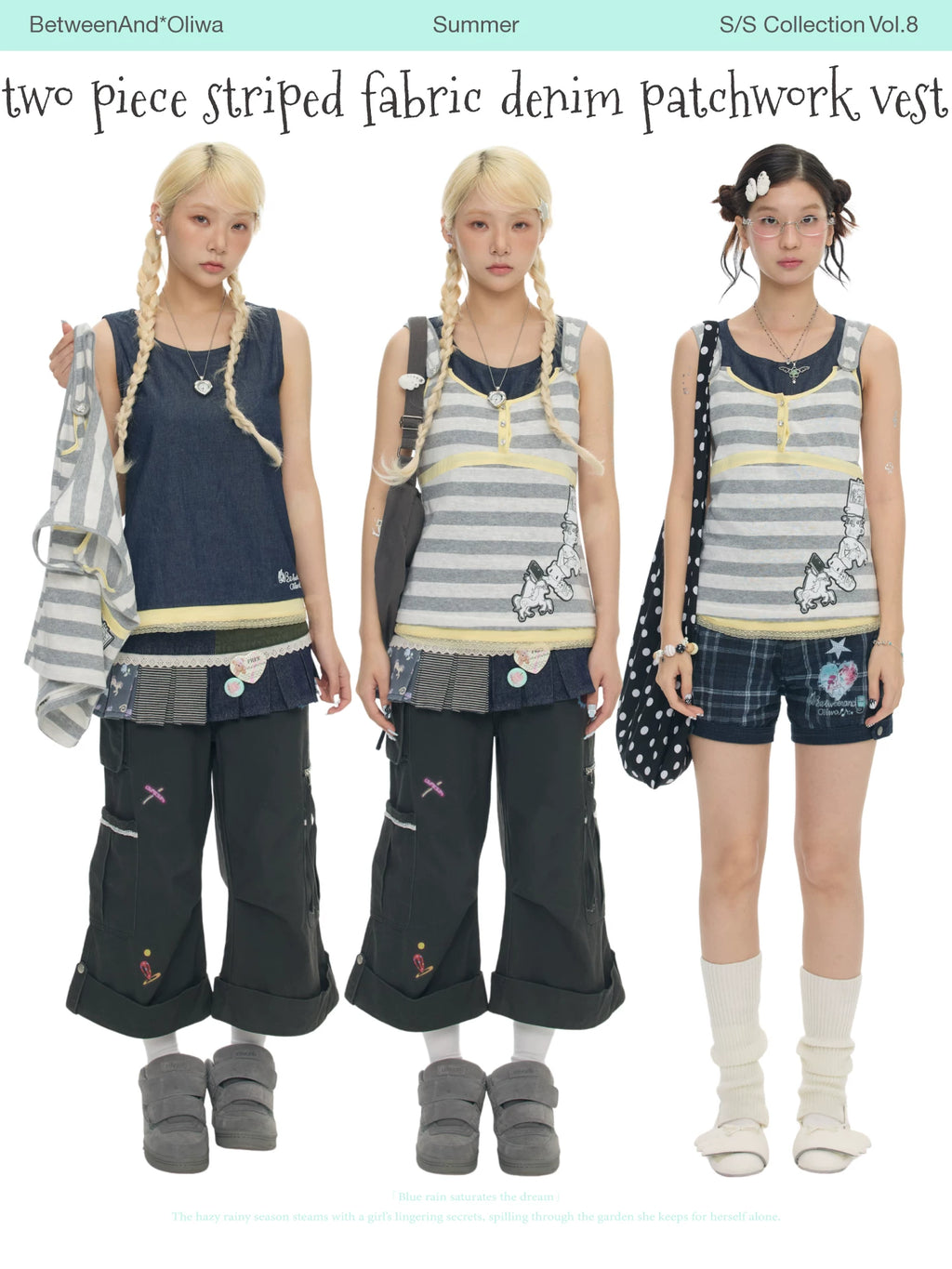 Two piece striped fabric denim patchwork vest top