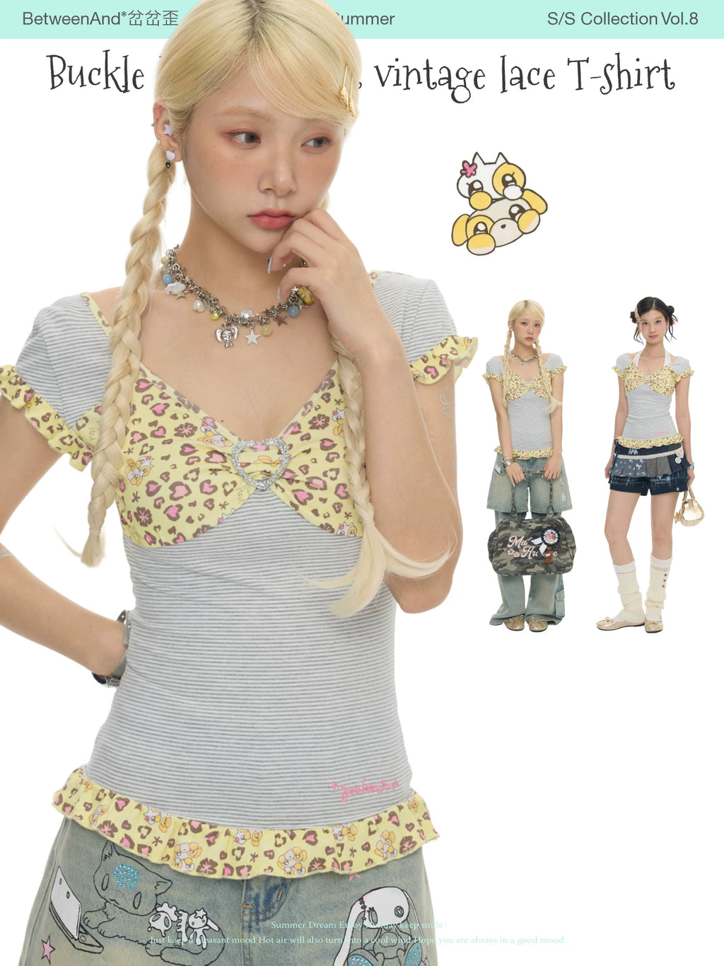 Buckle leopard print vintage lace t-shirt top
