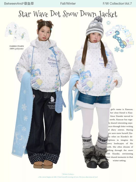 White star polka-dot hooded down jacket
