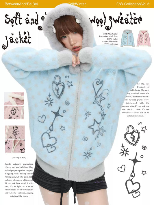 Two tone faux mink knit cardigan with jacquard design