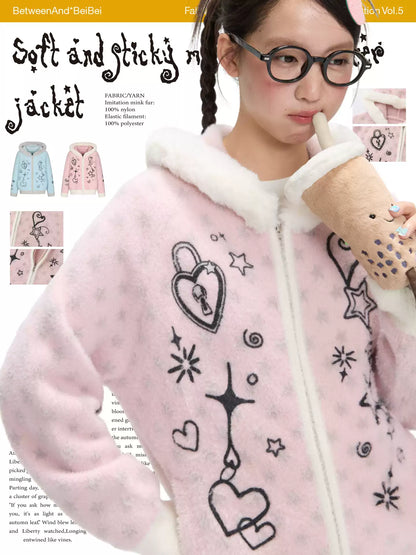 ジャカードデザインのツートンフェイクミンクニットカーディガン