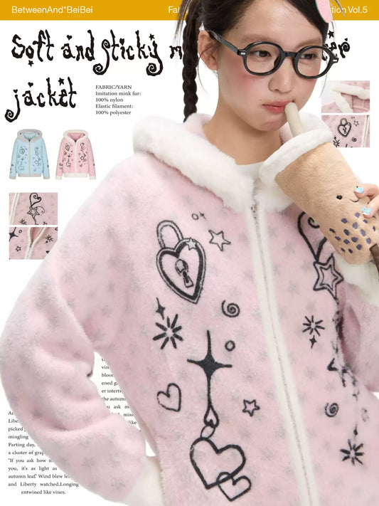 Two tone faux mink knit cardigan with jacquard design