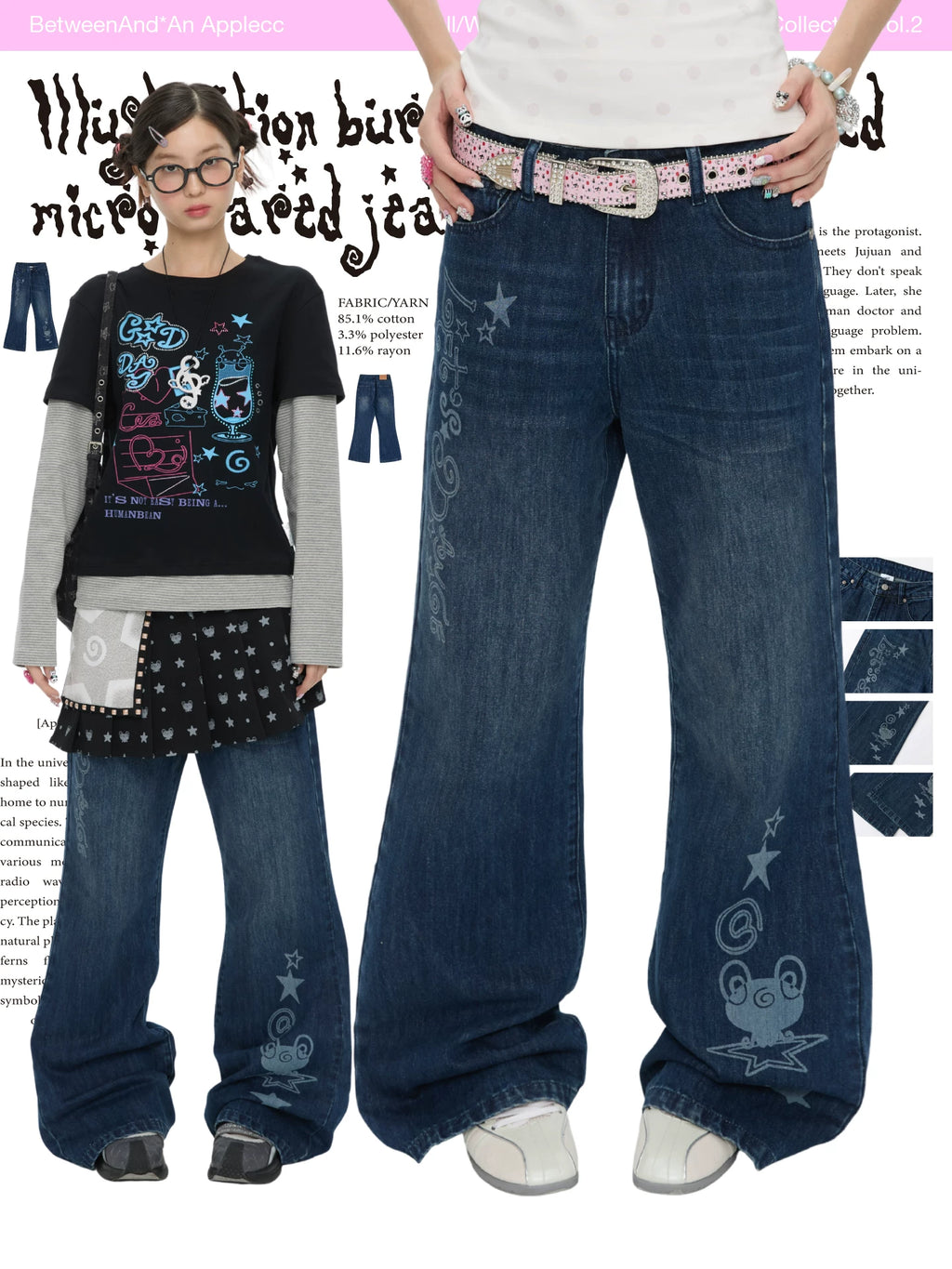 Illustration burned flower washed micro flared jeans