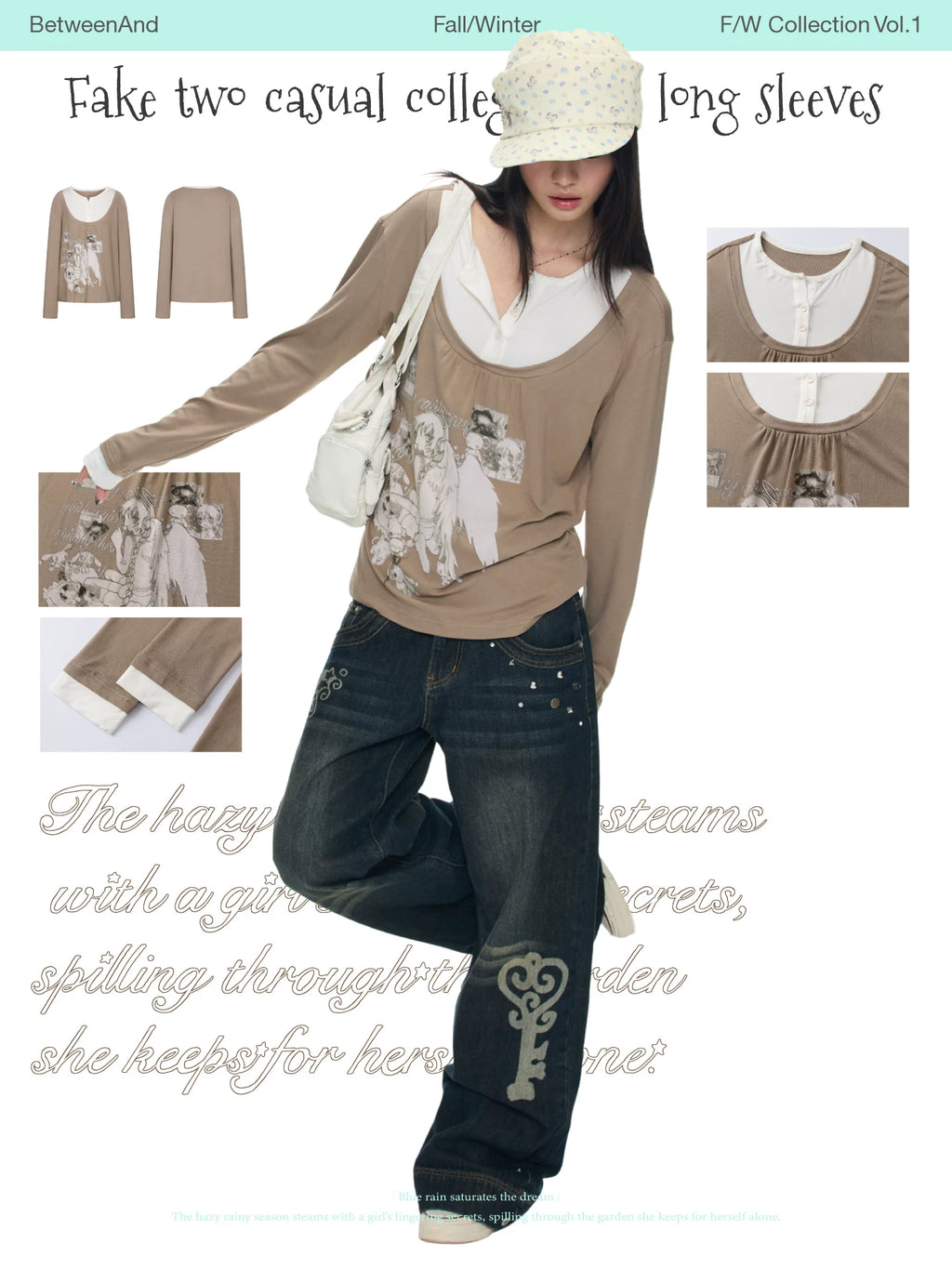 Fake two-piece casual college style long sleeved top