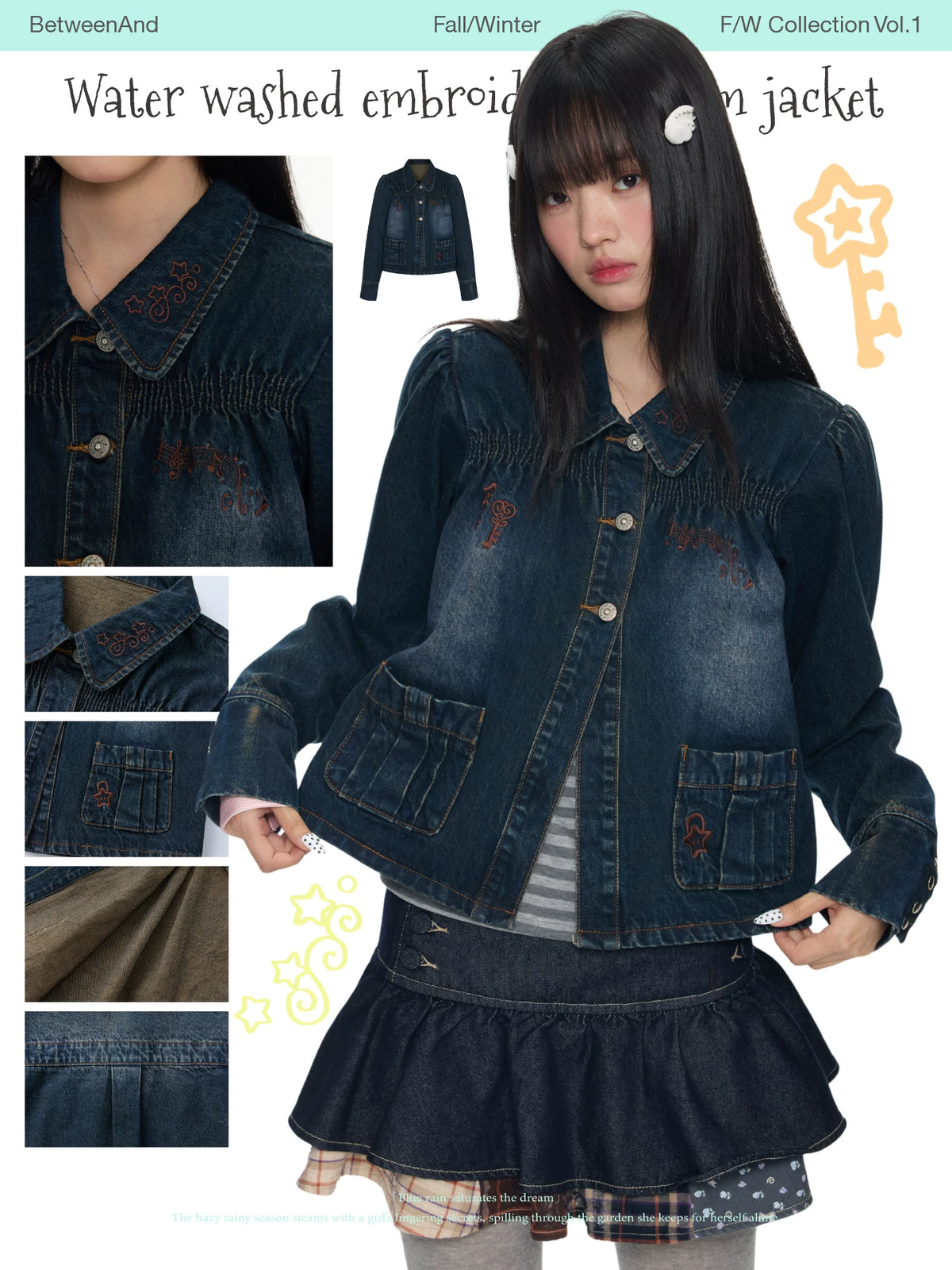 Water washed embroidered denim jacket
