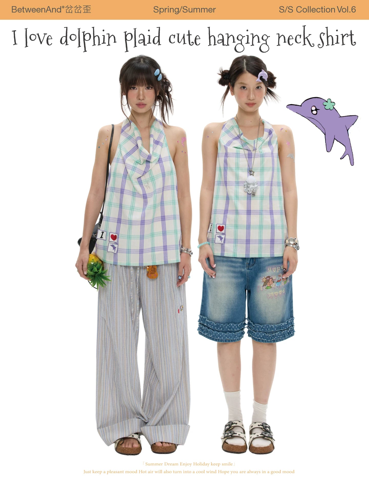 I love dolphins plaid cute hanging neck shirt top