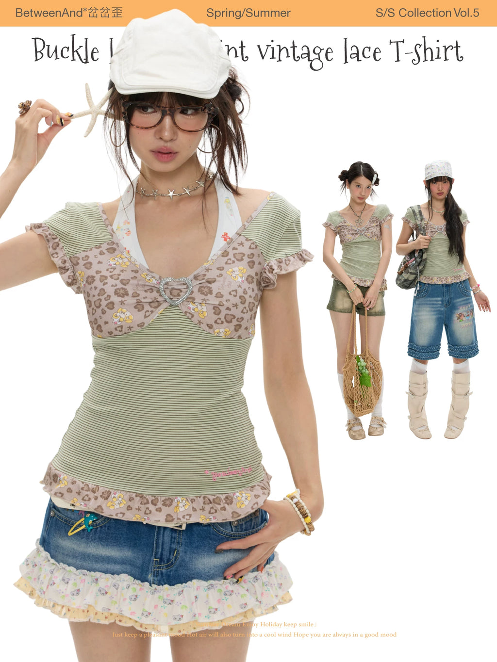 Buckle leopard print vintage lace t-shirt top