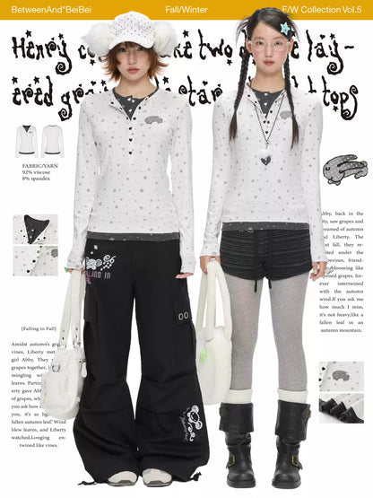 Layered Henley top with grey & white star polka-dot design