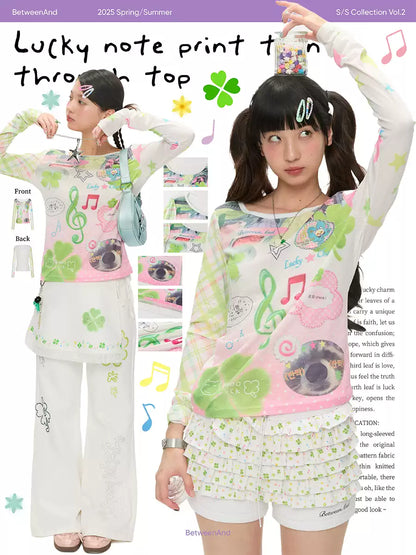 Y2K music note print long sleeve top with patchwork design