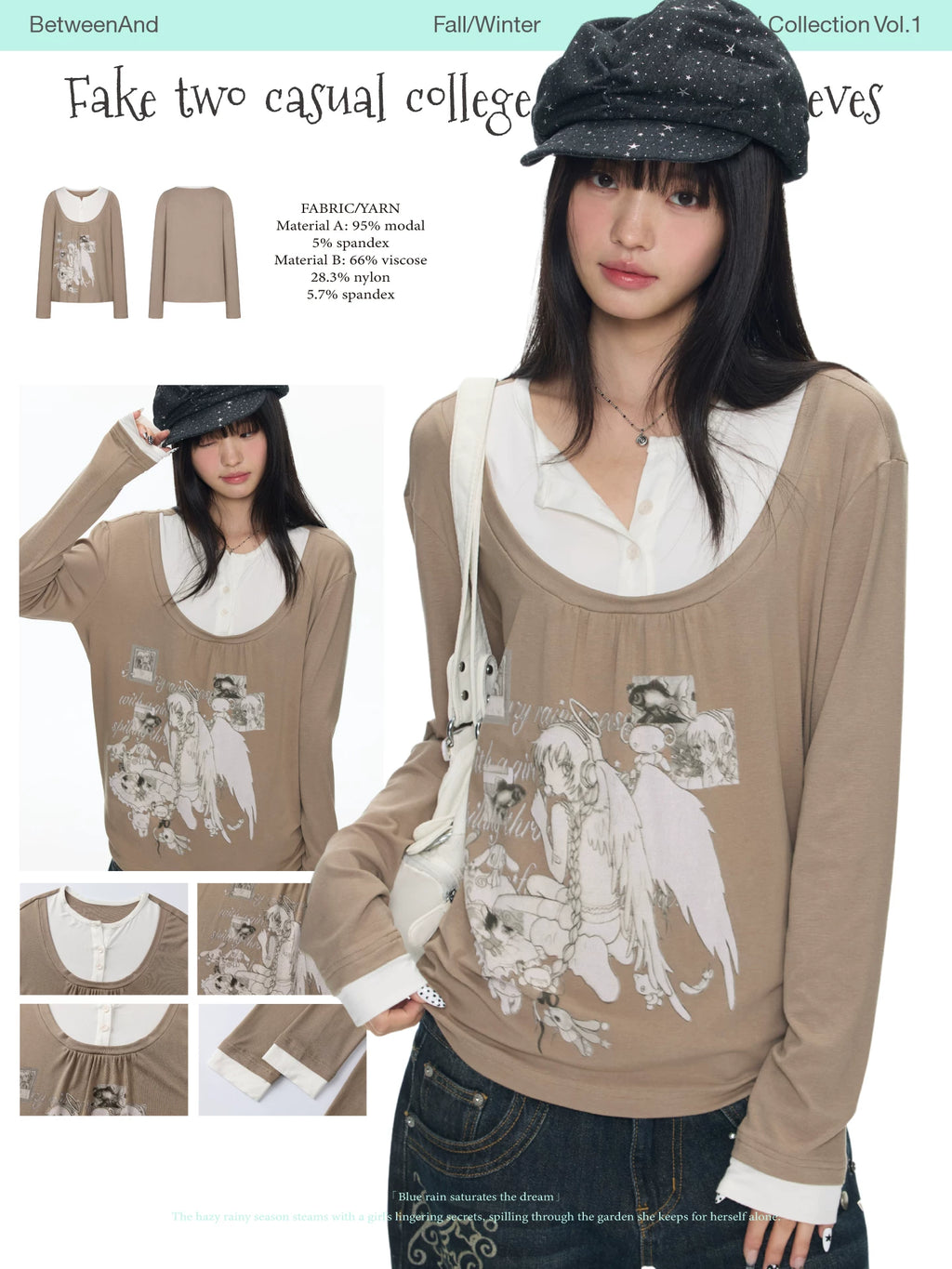 Fake two-piece casual college style long sleeved top