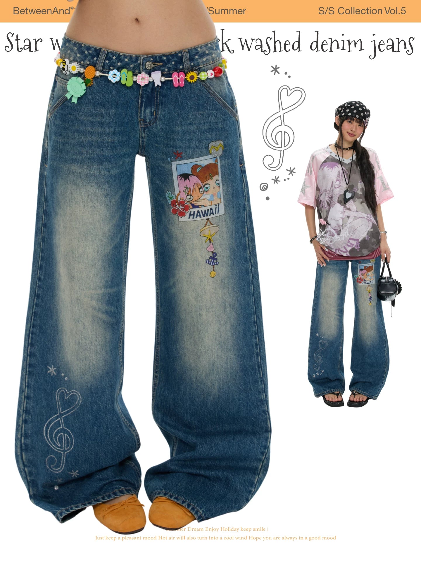 Star wave dot patchworkd washed denim jeans