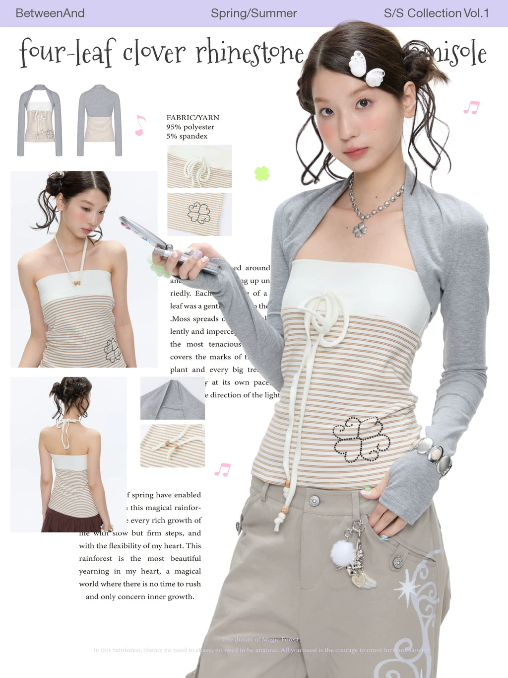 Four-leaf clover rhinestone striped camisole top