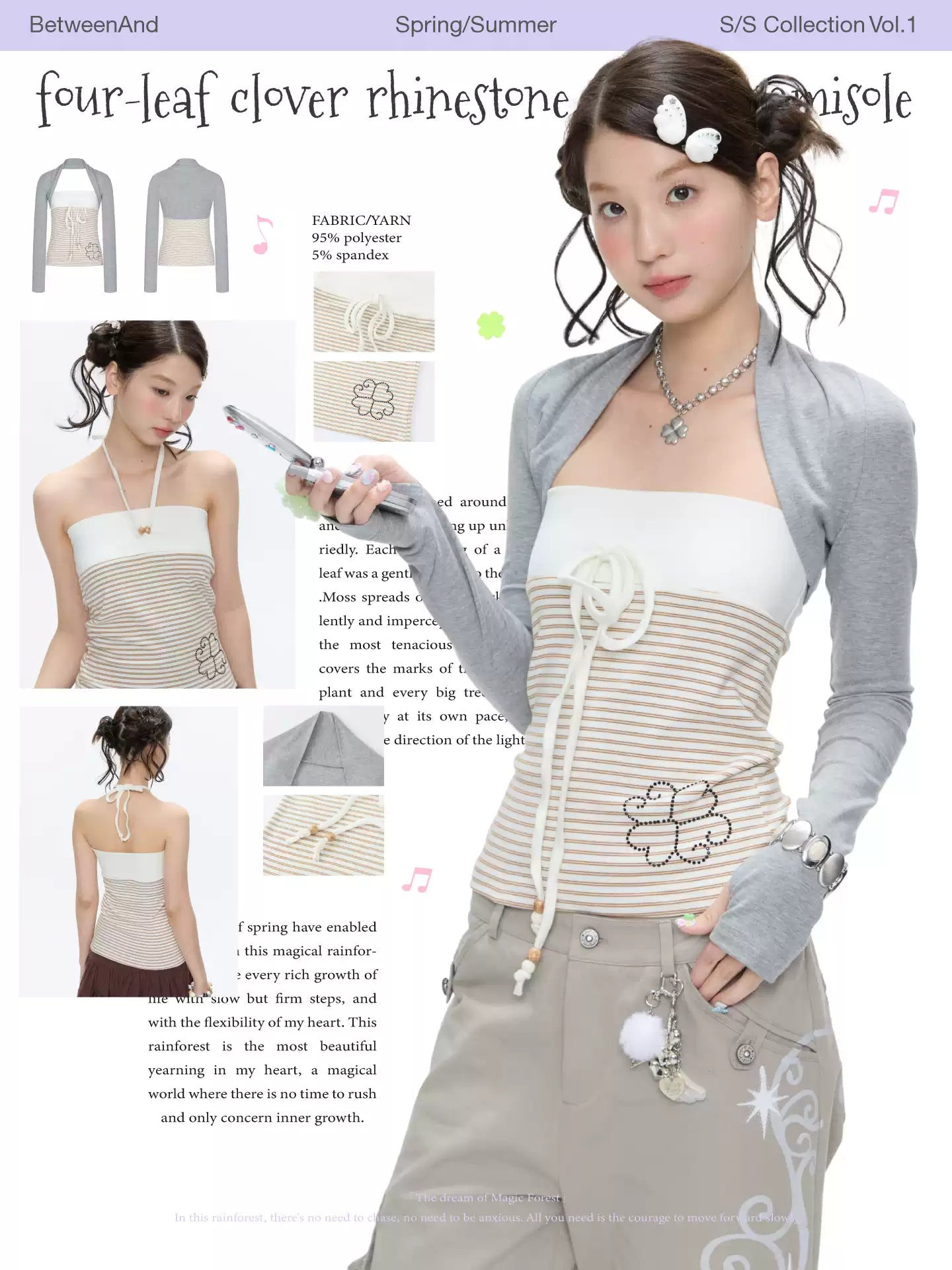 Four-leaf clover rhinestone striped camisole top