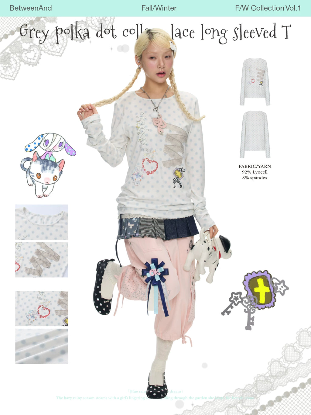 Gray polka dot collage lace long sleeved top