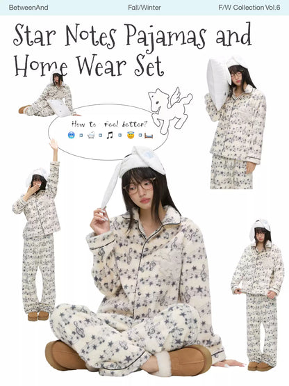 Beige star and music note fleece pajama set