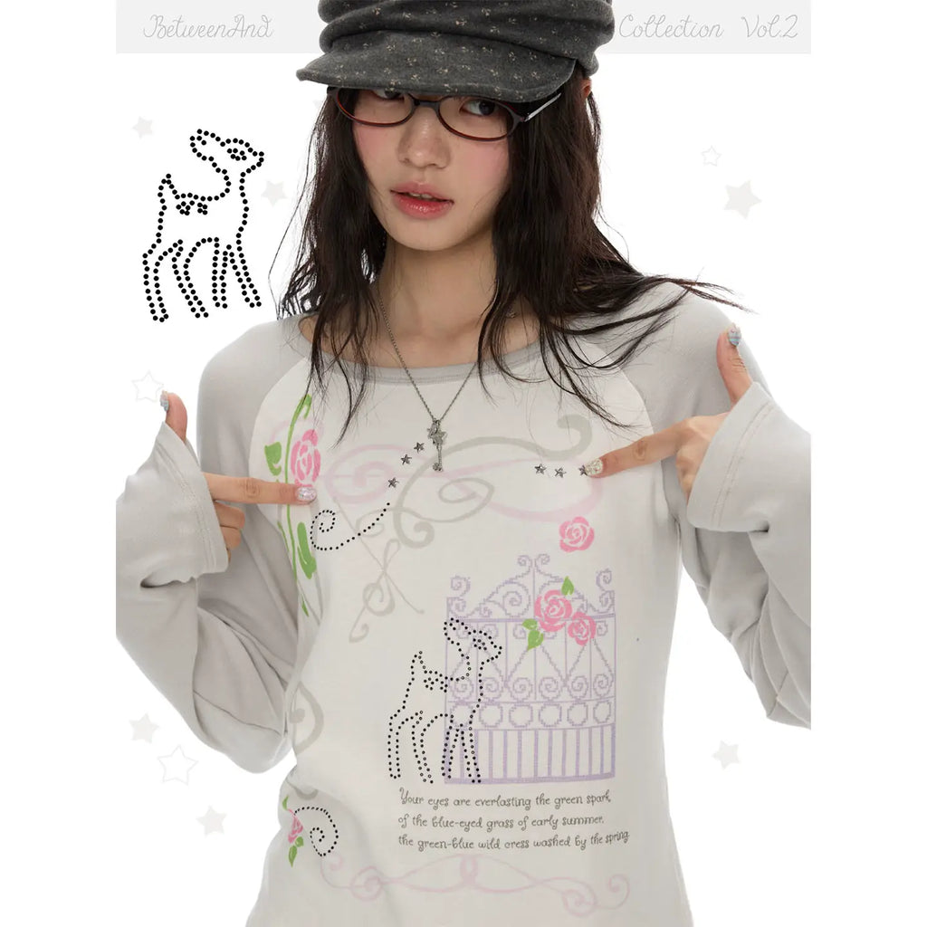 Music note and rose print long sleeve top