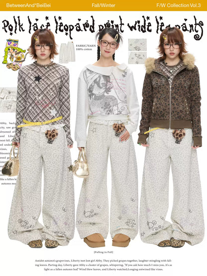 White leopard print wide leg pants with rhinestone details