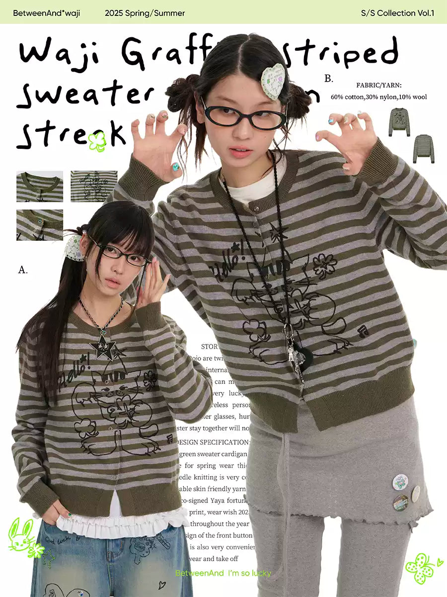 Waji graffiti striped sweater cardigan