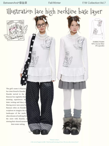 White brushed mock-neck floral print layered top