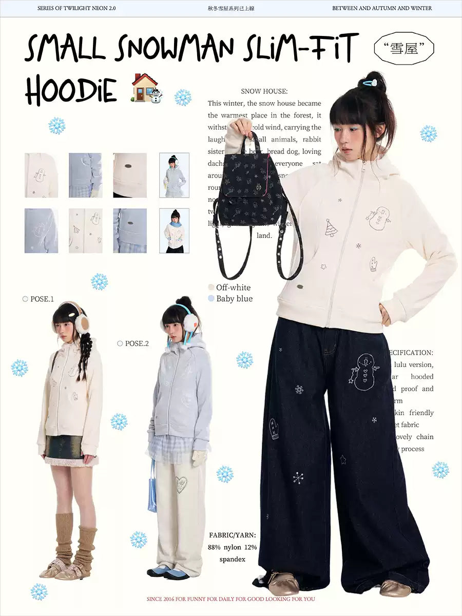 White fleece hoodie with snowman design and windproof fabric