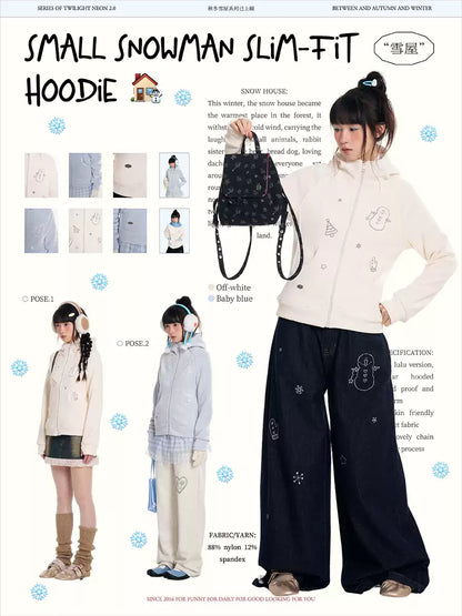 White fleece hoodie with snowman design and windproof fabric