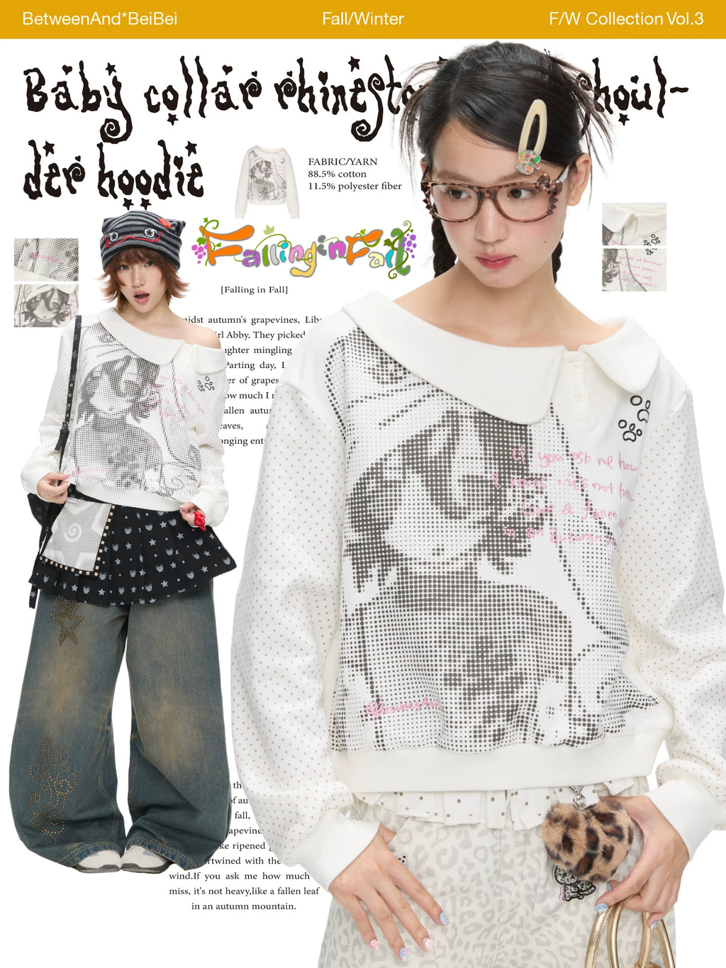 Baby collar rhinestone cross shoulder hoodie