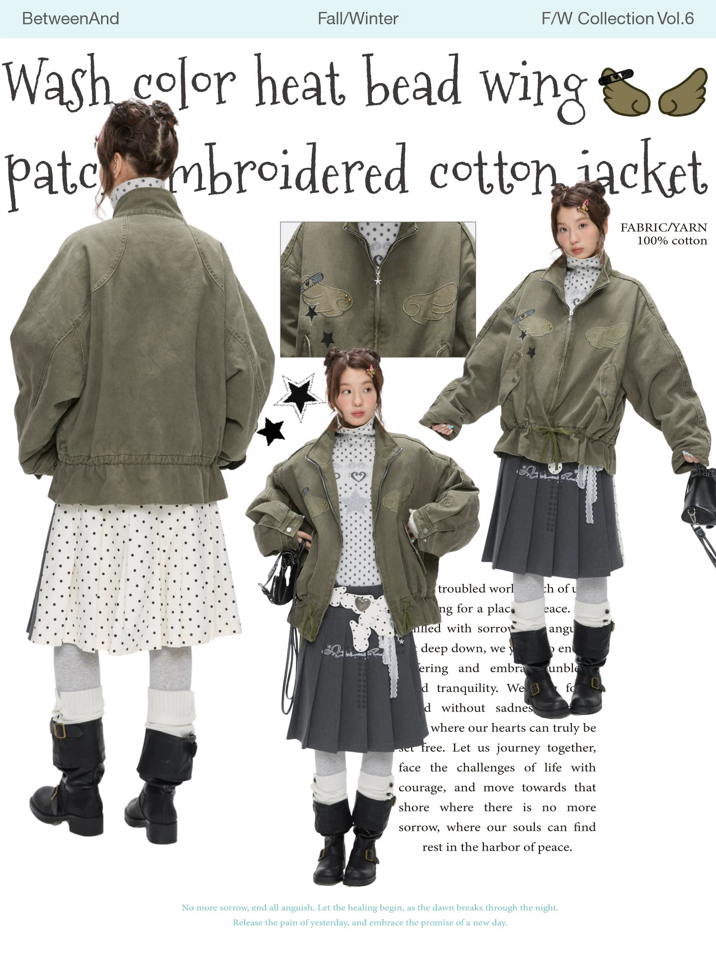 Wash color heat bead wing patch embroidered cotton jacket