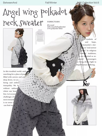 Oatmeal white cashmere-blend turtleneck polka-dot knit sweater