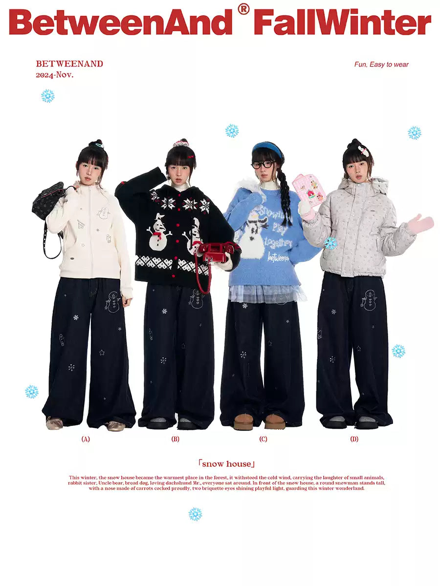 Vintage wide-leg jeans with little snowman print