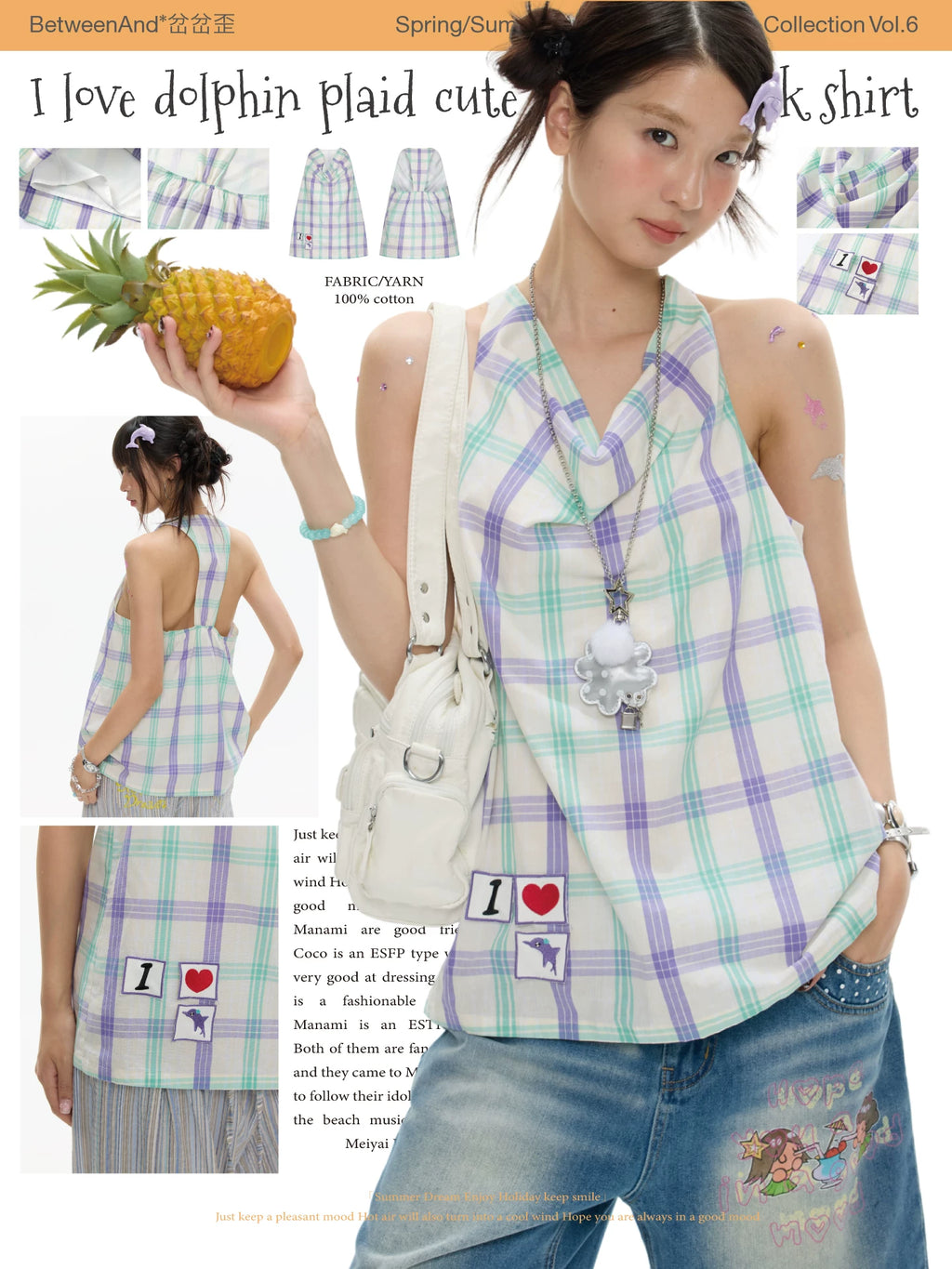I love dolphins plaid cute hanging neck shirt top