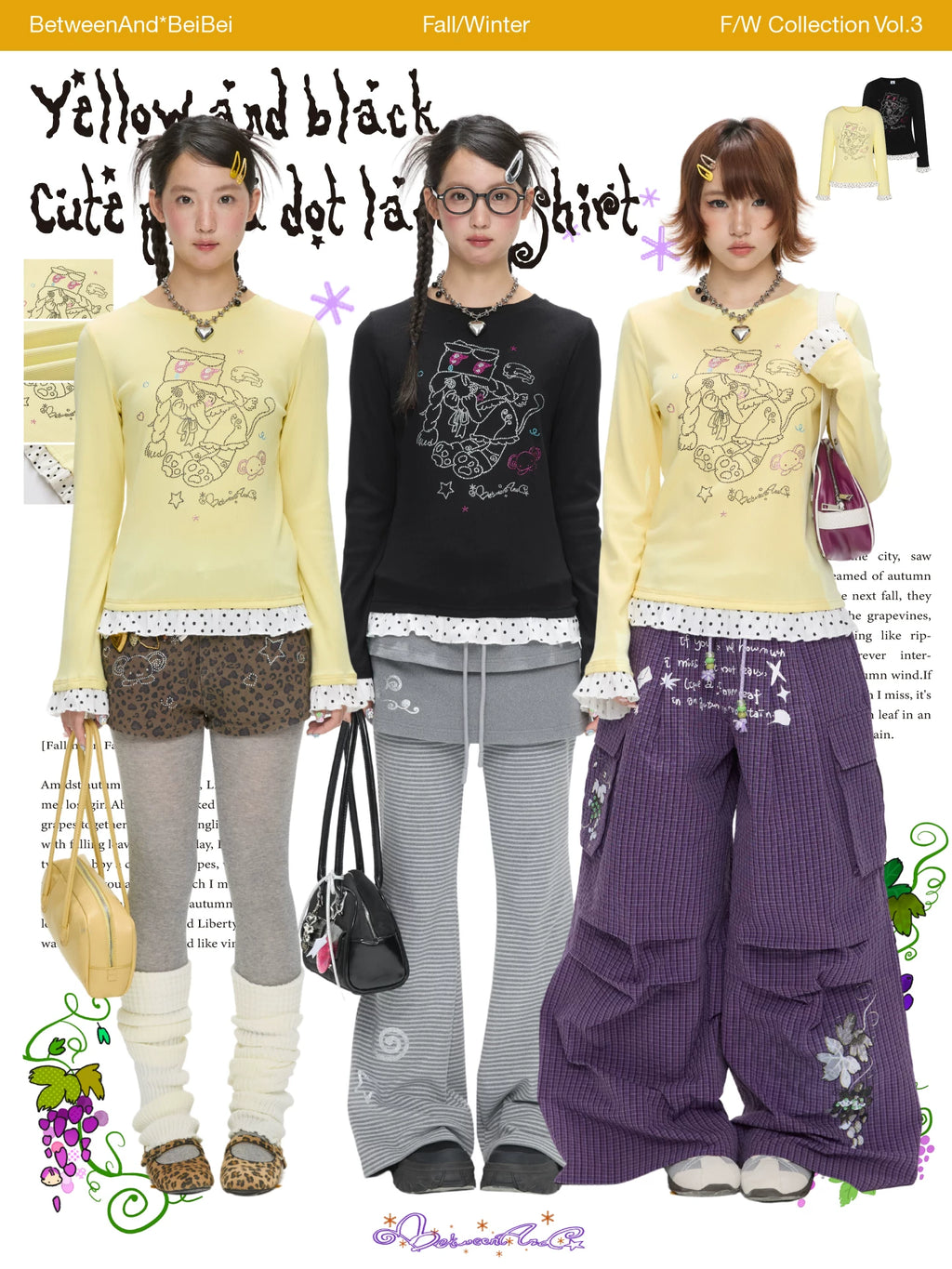Yellow and black polka dot lace top