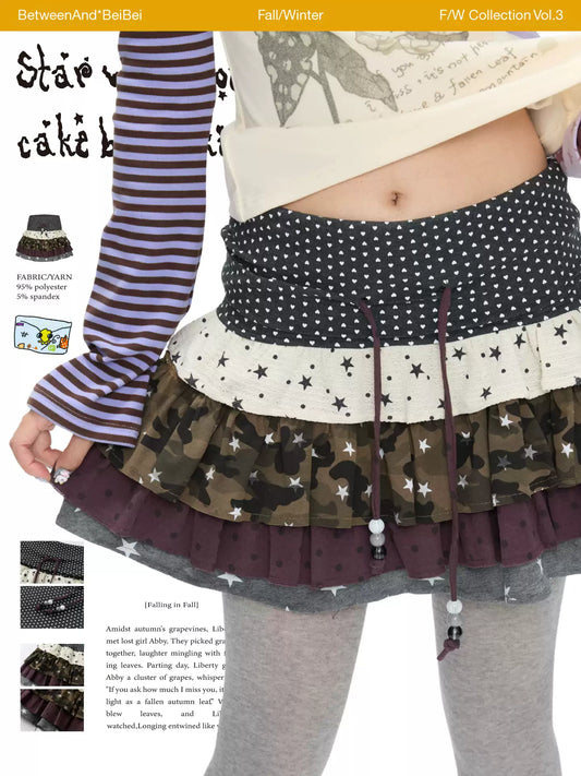 Star polka-dot patchwork ruffle skirt