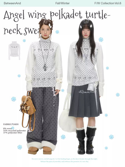 Oatmeal white cashmere-blend turtleneck polka-dot knit sweater