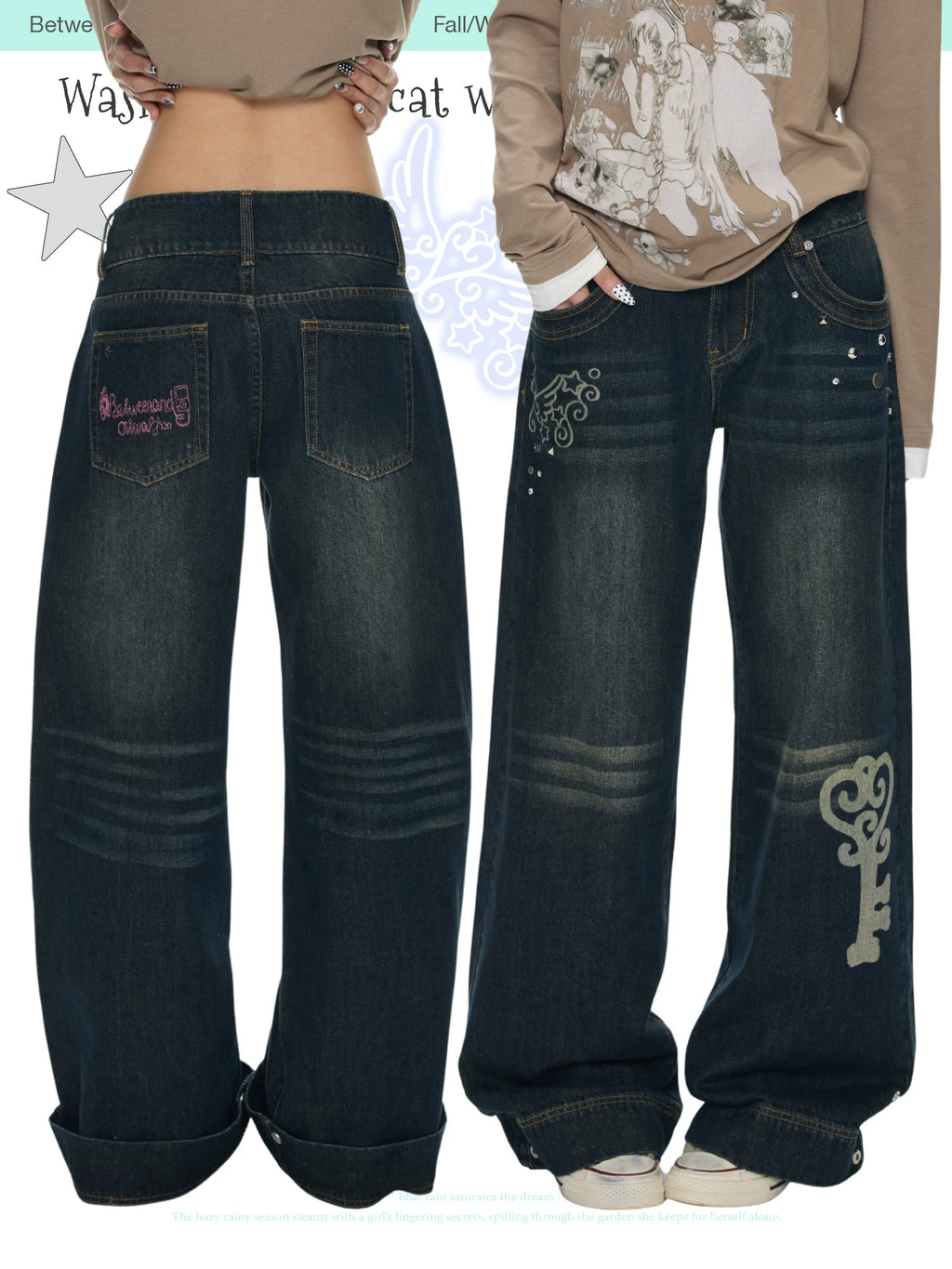 Washed vintage cat whisker denim pants