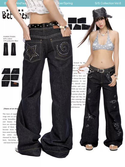 Denim low waist straight jeans with glitter finish