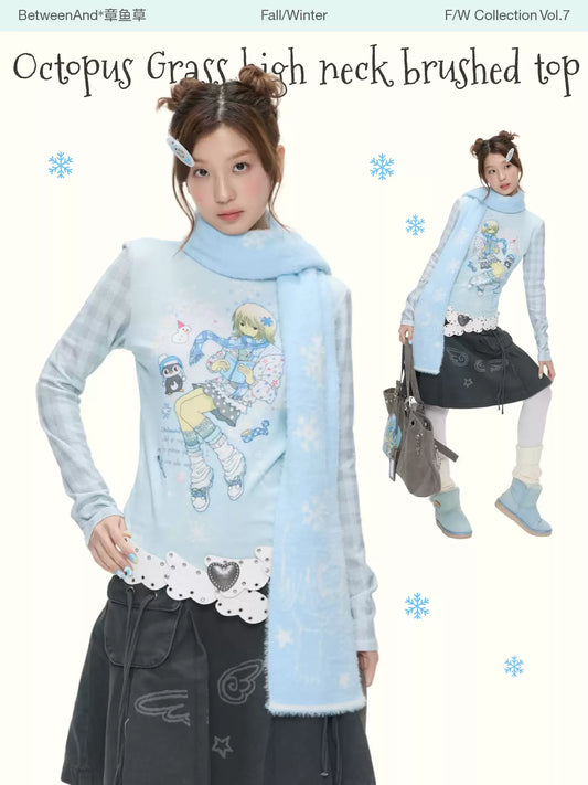 All-over print brushed mock-neck long-sleeve top